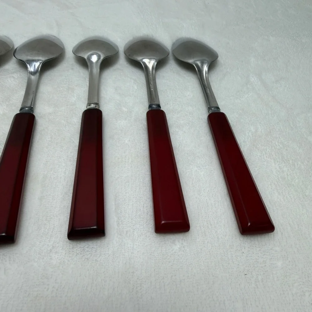 VTG Red Bakelite Handle Stainless Steel Spoons Set of 5‎ Mid-Century Art Deco